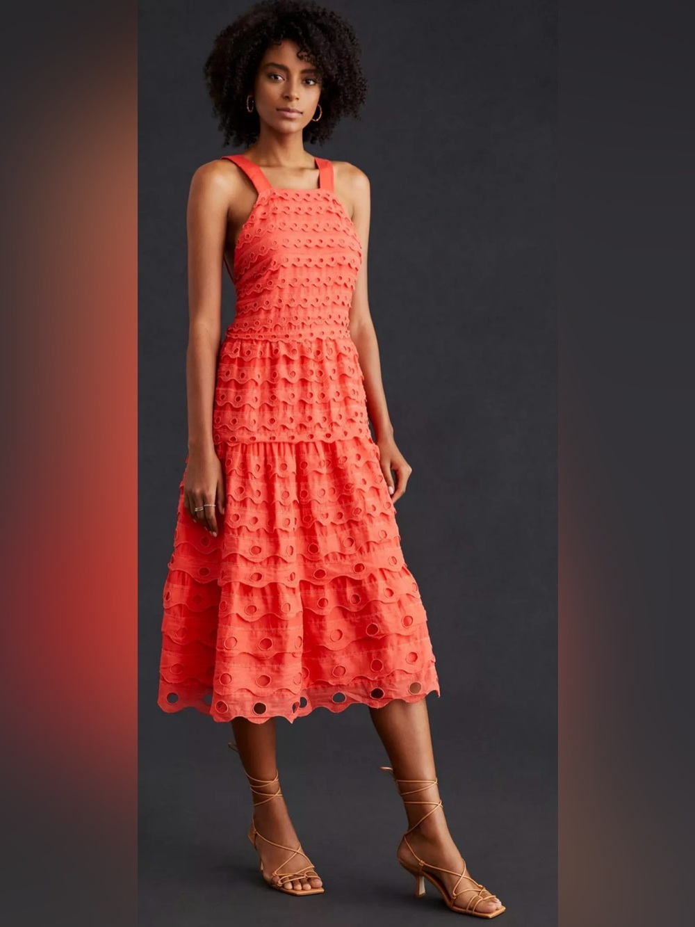 Maeve by Anthropologie Orange Eyelet Tiered Midi Dress, size 10